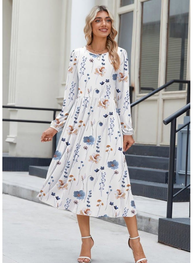 zeagoo Long Sleeve Dresses for Women 2026 Fall Winter Casual Flowy A-Line Boho Midi Party Long Dress with Pockets, White Floral, XXL - Image 2