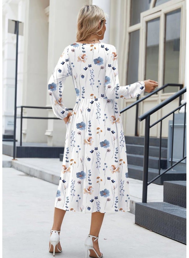 zeagoo Long Sleeve Dresses for Women 2026 Fall Winter Casual Flowy A-Line Boho Midi Party Long Dress with Pockets, White Floral, XXL - Image 5