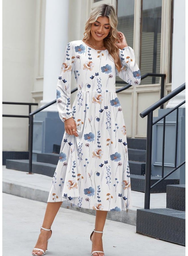 zeagoo Long Sleeve Dresses for Women 2026 Fall Winter Casual Flowy A-Line Boho Midi Party Long Dress with Pockets, White Floral, XXL - Image 3