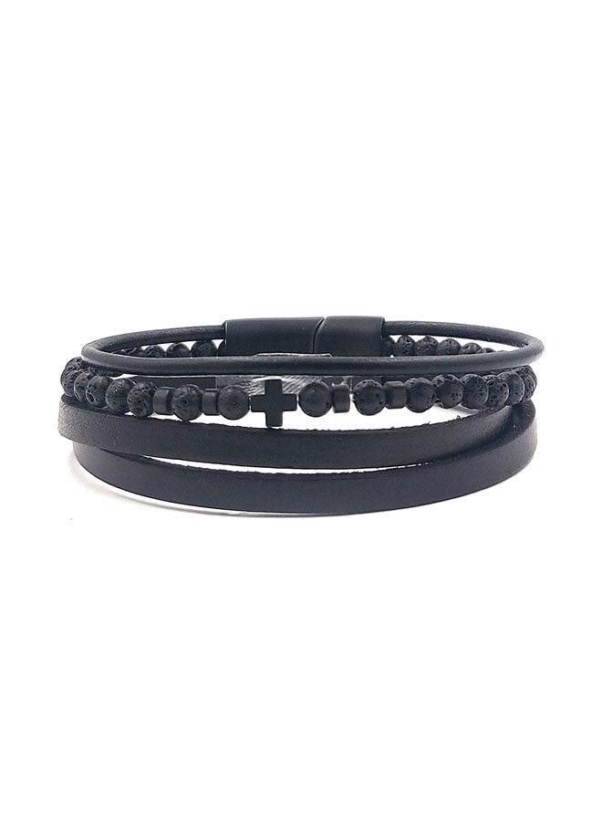 CHRYSOSTOMOS Handmade Leather Bracelet with Black Strap and Center Silver Stainless Steel Chain - Image 1