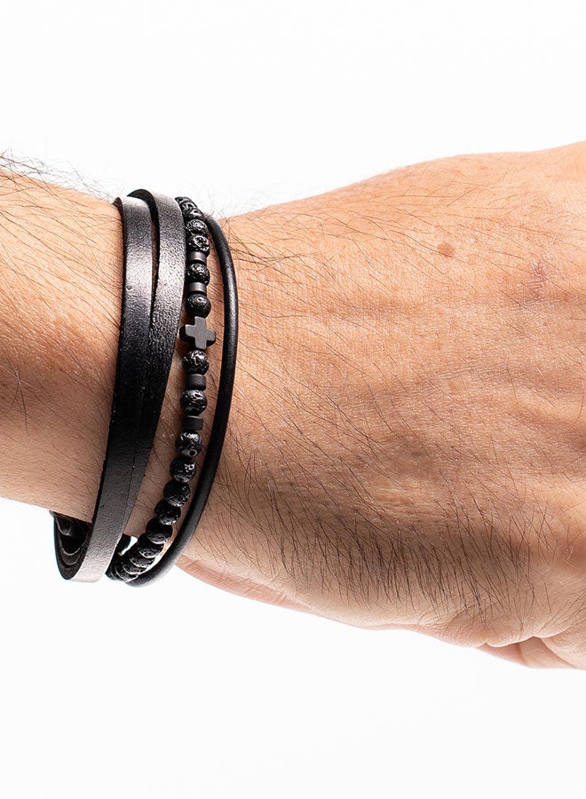 CHRYSOSTOMOS Handmade Leather Bracelet with Black Strap and Center Silver Stainless Steel Chain - Image 3