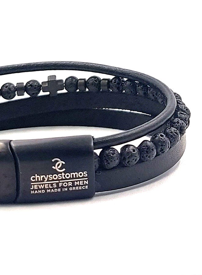 CHRYSOSTOMOS Handmade Leather Bracelet with Black Strap and Center Silver Stainless Steel Chain - Image 2