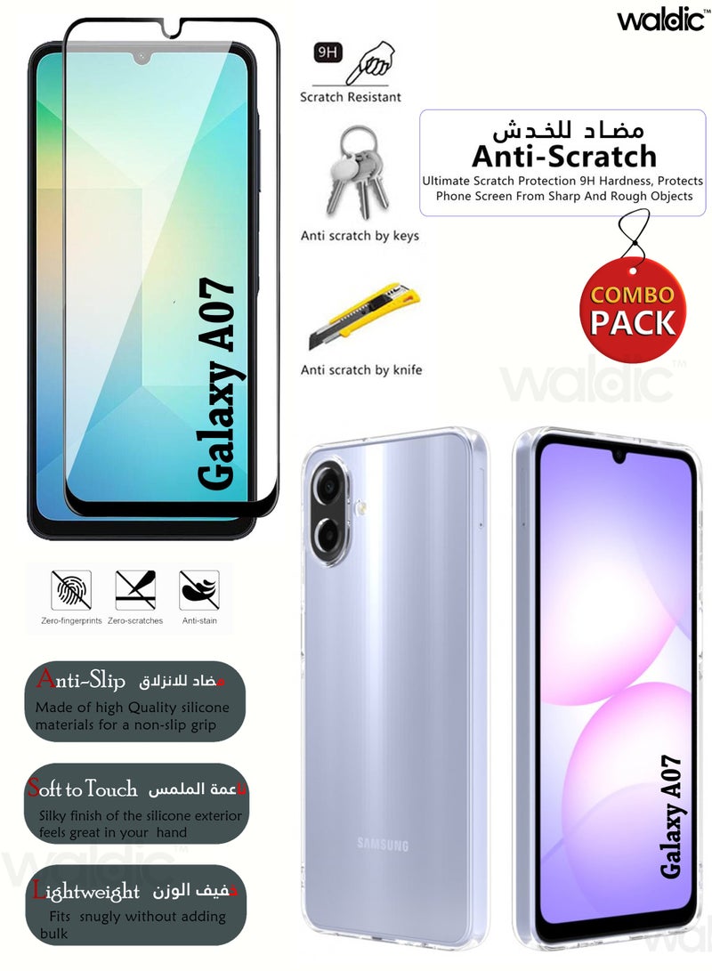 Waldic COMBO OFFER Samsung Galaxy A07 Silicone Case with Tempered Screen Protector | Designed for Samsung Galaxy A07 Case | Slim Flexible Soft Silicone Case Cover with Premium Tempered Glass Screen Protector Fit for Samsung Galaxy A07 - Black/Clear - Image 2