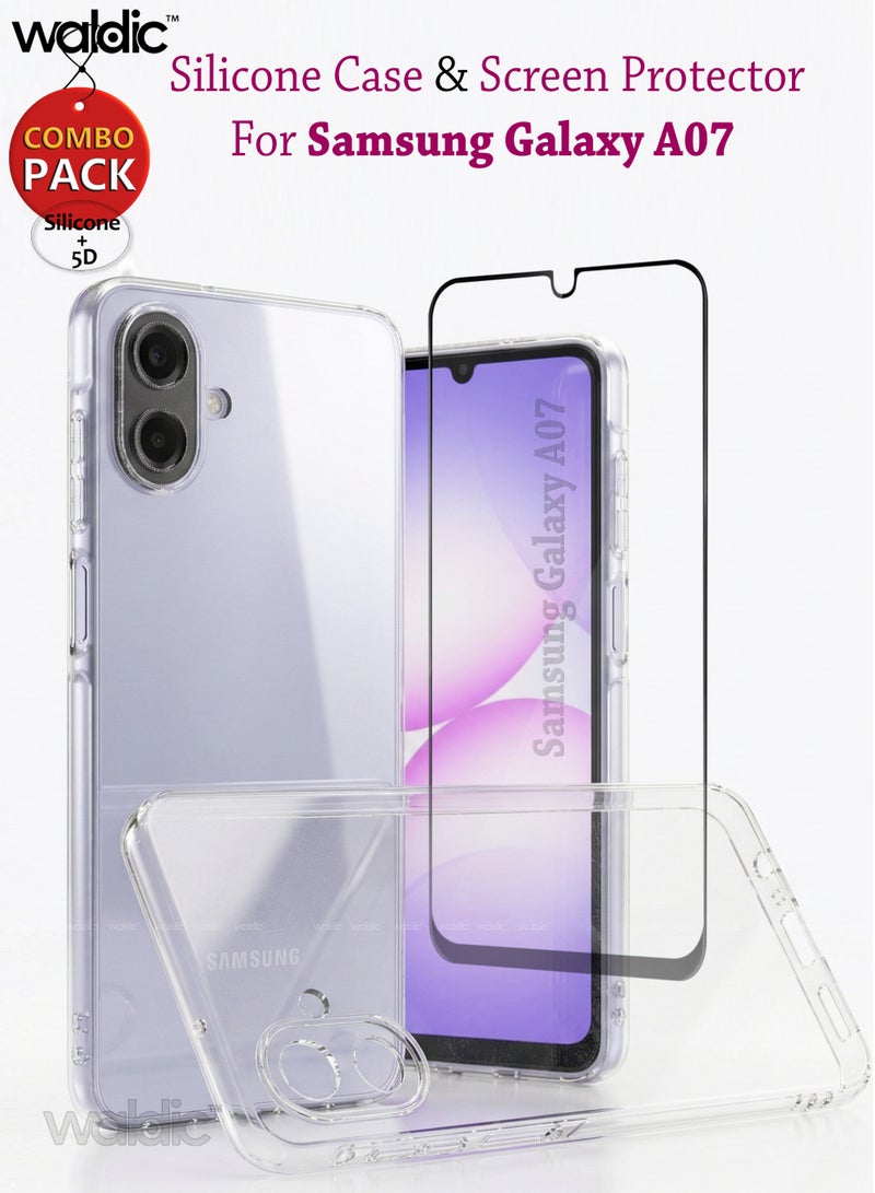 Waldic COMBO OFFER Samsung Galaxy A07 Silicone Case with Tempered Screen Protector | Designed for Samsung Galaxy A07 Case | Slim Flexible Soft Silicone Case Cover with Premium Tempered Glass Screen Protector Fit for Samsung Galaxy A07 - Black/Clear - Image 1