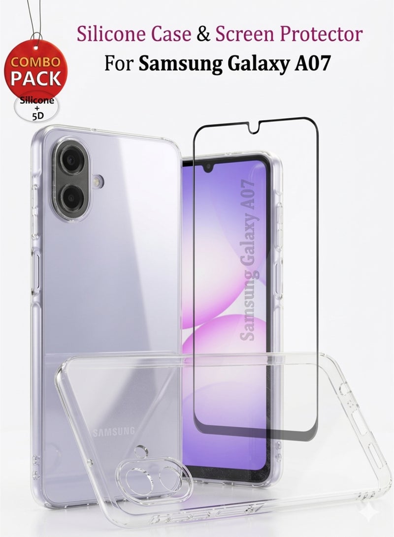 COMBO OFFER Samsung Galaxy A07 Silicone Case with Tempered Screen Protector | Designed for Samsung Galaxy A07 Case | Slim Flexible Soft Silicone Case Cover with Premium Tempered Glass Screen Protector Fit for Samsung Galaxy A07 - Image 1