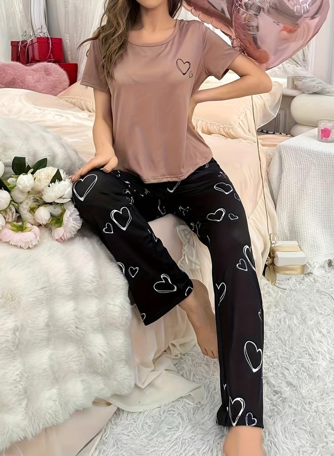 Take Two Heart Print Round Neck T-Shirt and Pyjama Set - Image 3