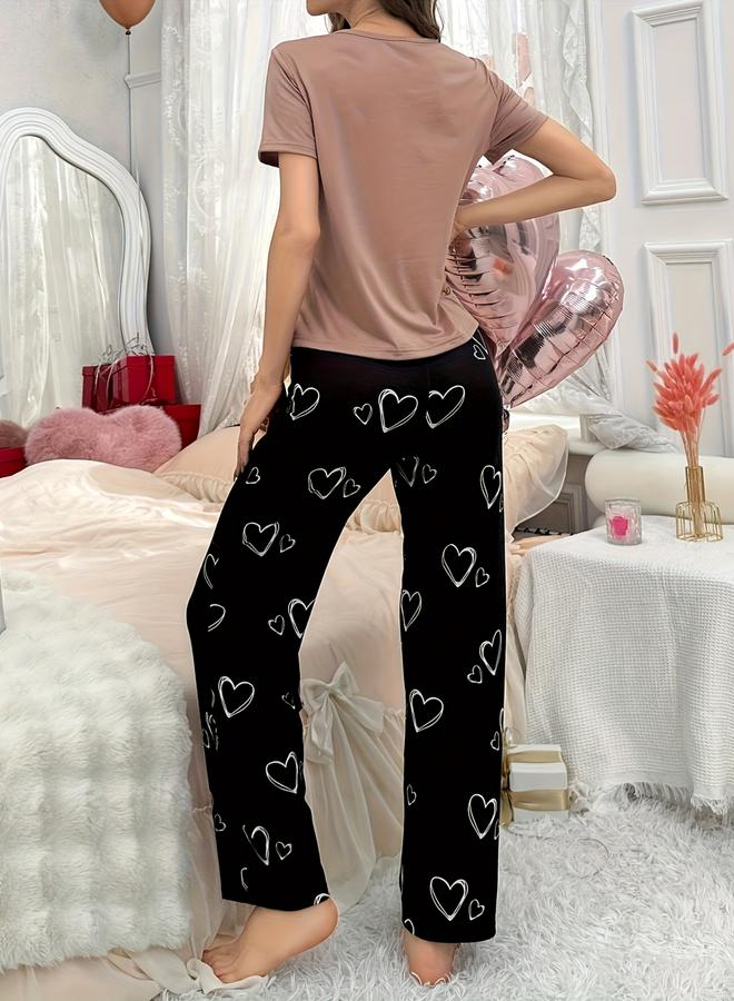 Take Two Heart Print Round Neck T-Shirt and Pyjama Set - Image 2