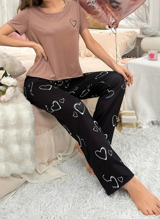 Take Two Heart Print Round Neck T-Shirt and Pyjama Set - Image 4