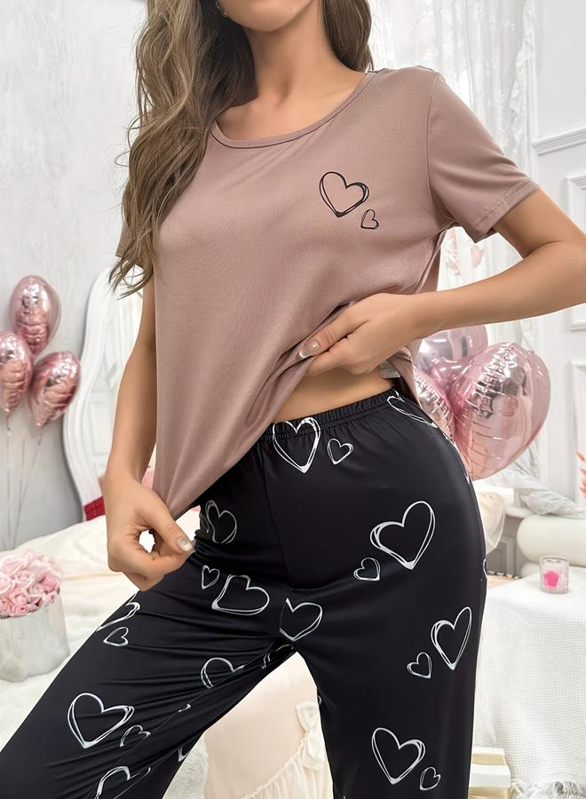 Take Two Heart Print Round Neck T-Shirt and Pyjama Set - Image 5