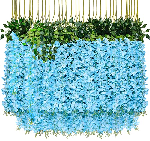 Pauwer Wisteria Hanging Flowers 24 Pack Fake Flower Garland Artificial Wisteria Vines Rattan Silk Flower String Wedding Party Wall DecorationsBlue - Image 1