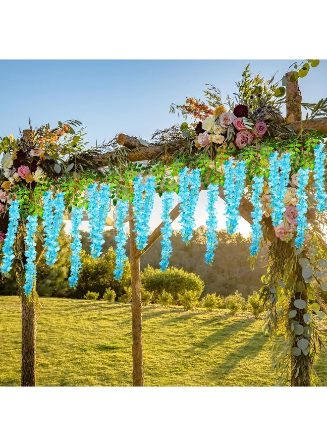 Pauwer Wisteria Hanging Flowers 24 Pack Fake Flower Garland Artificial Wisteria Vines Rattan Silk Flower String Wedding Party Wall DecorationsBlue - Image 3