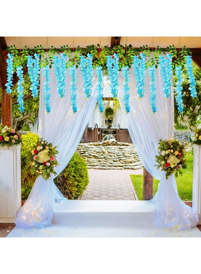 Pauwer Wisteria Hanging Flowers 24 Pack Fake Flower Garland Artificial Wisteria Vines Rattan Silk Flower String Wedding Party Wall DecorationsBlue - Image 2