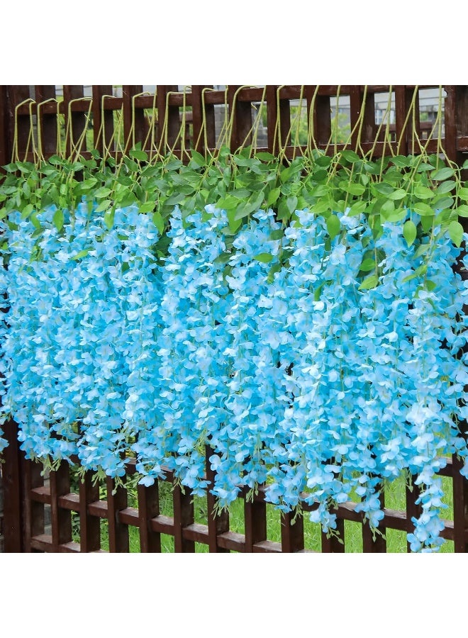 Pauwer Wisteria Hanging Flowers 24 Pack Fake Flower Garland Artificial Wisteria Vines Rattan Silk Flower String Wedding Party Wall DecorationsBlue - Image 4