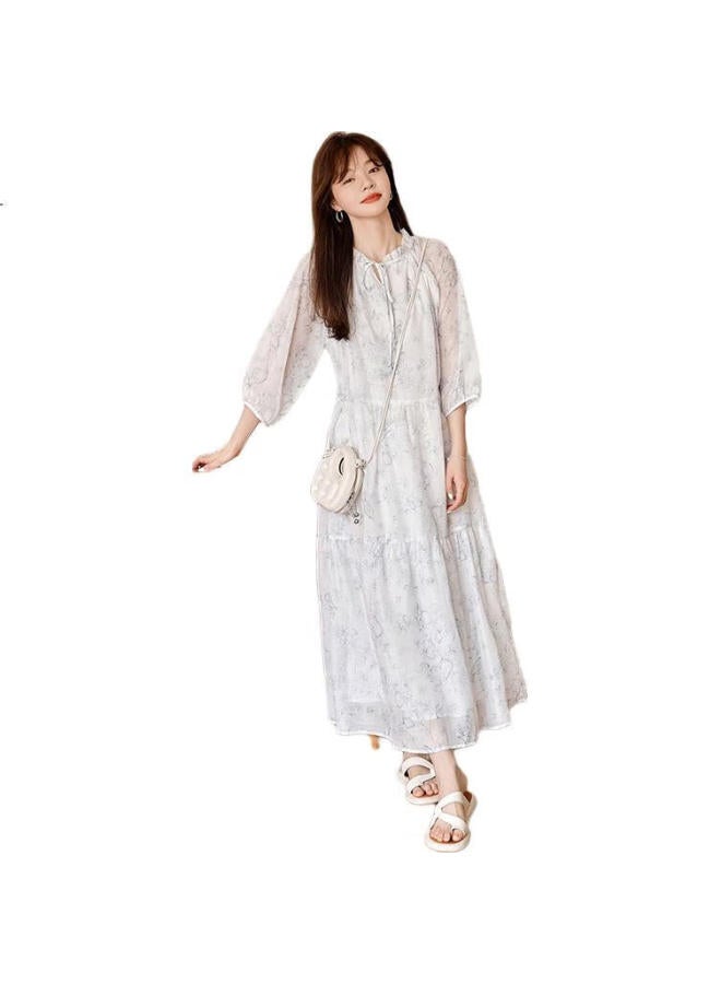 dme [Small Floral Pleated Dress] Summer Fresh Three-Quarter Sleeve Long Dress, Printed, L - Image 2