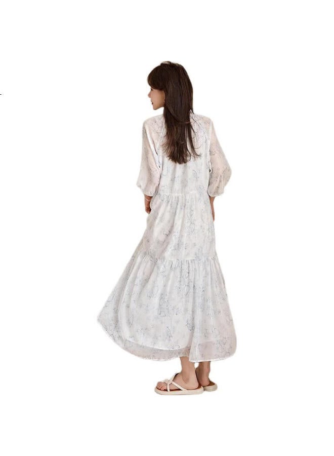 dme [Small Floral Pleated Dress] Summer Fresh Three-Quarter Sleeve Long Dress, Printed, L - Image 3