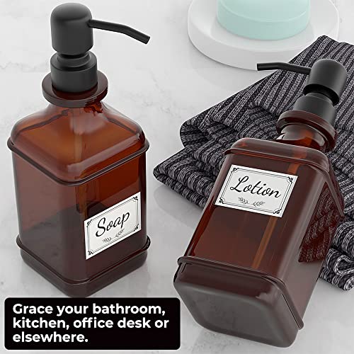GLADPURE Soap Dispenser 2 Pack, Hand Soap Dispensers with 18 Oz Antique Design Thick Amber Glass Bottle, 316 Rust Proof Stainless Steel Black Pump, 6Pcs Stickers, for Lotion, Soap, Essential Oil - Image 5