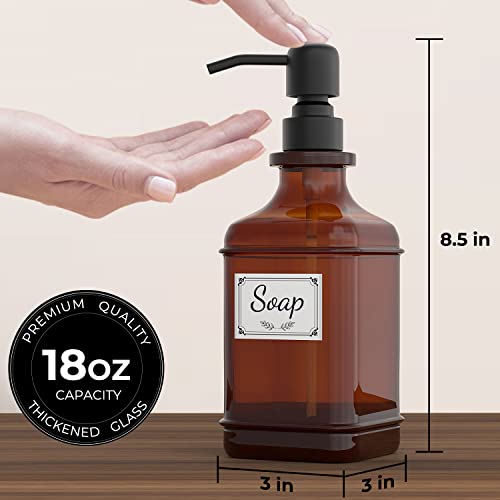 GLADPURE Soap Dispenser 2 Pack, Hand Soap Dispensers with 18 Oz Antique Design Thick Amber Glass Bottle, 316 Rust Proof Stainless Steel Black Pump, 6Pcs Stickers, for Lotion, Soap, Essential Oil - Image 3