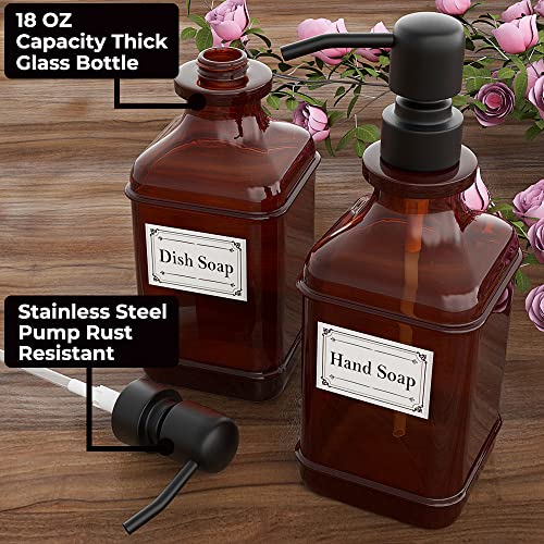 GLADPURE Soap Dispenser 2 Pack, Hand Soap Dispensers with 18 Oz Antique Design Thick Amber Glass Bottle, 316 Rust Proof Stainless Steel Black Pump, 6Pcs Stickers, for Lotion, Soap, Essential Oil - Image 2