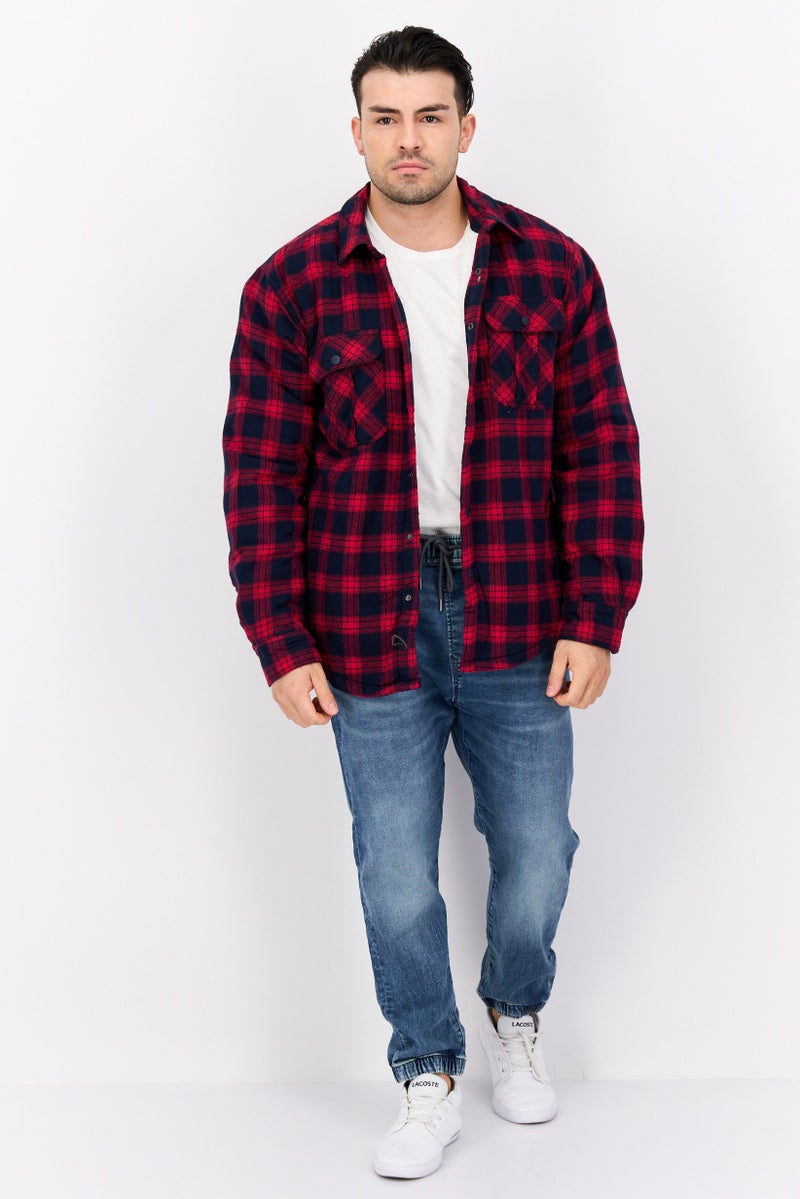 Silver Jeans Co Men Spread Collar Checkered Jacket Shirt, Red - Image 4