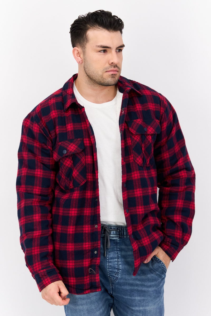 Silver Jeans Co Men Spread Collar Checkered Jacket Shirt, Red - Image 1