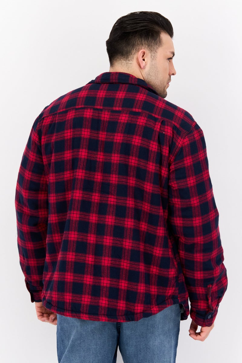 Silver Jeans Co Men Spread Collar Checkered Jacket Shirt, Red - Image 3