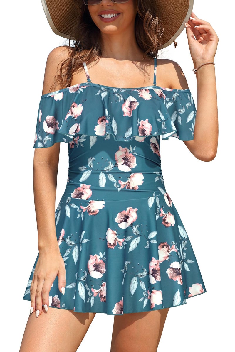 SHEKINI Women's Off-Shoulder Ruffled Flounce Swim Skirt Ruched One Piece Swimdress(Deep Green - Flower, XX-Large) - Image 1