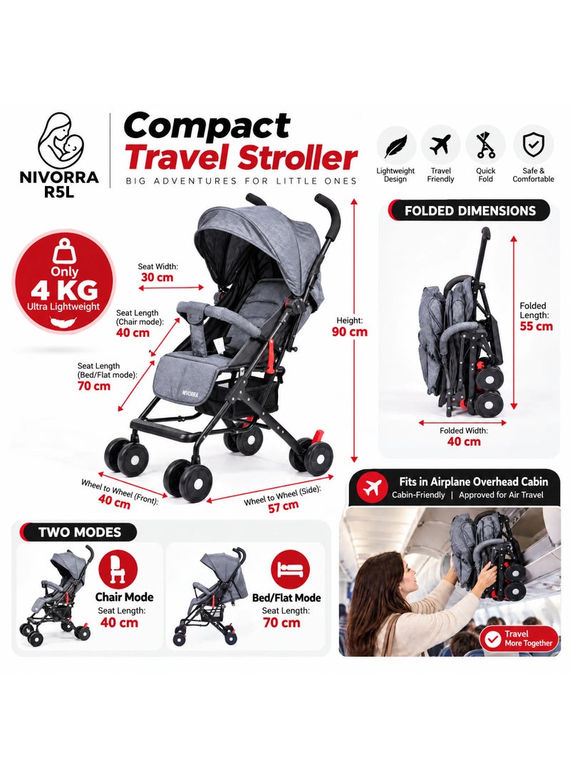 NIVORRA Travel Baby Stroller Nivorra R5L, Lightweight Foldable Compact Stroller, Reclining Seat, 6.7 kg, Easy-Fold Travel Pram - Image 2