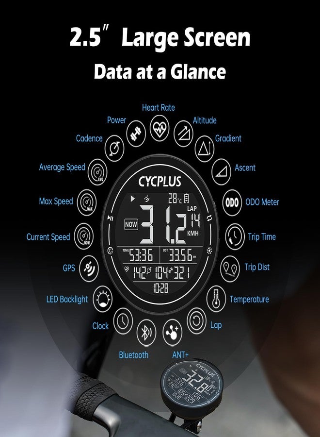 CYCPLUS GPS Bike Computer, Wireless Cycling Computer, ANT+ Bluetooth Bicycle Speedometer Odometer IPX6 Waterproof, Rechargeable with 2.5 Inch Screen for Bikers Outdoor Cycling(New Upgraded) - Image 4