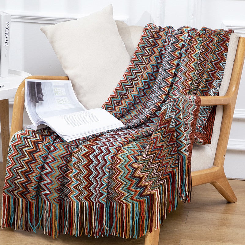 Bohemian Tassel Knit Throw Blanket Office Nap Red 