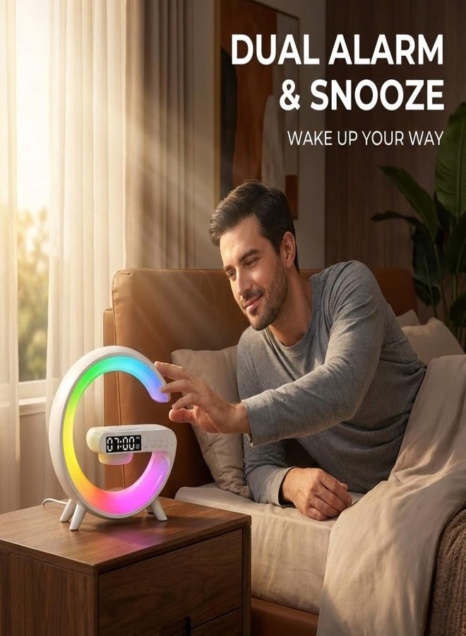 Drumstone【Special 15 Year's Warranty】Bluetooth Speaker Alarm Clock with Wireless Charging, 10W Qi Charging Pad, RGB LED Ambient Light, Dual Alarm and Snooze Function, Modern Desk Clock for Home Office - Image 3