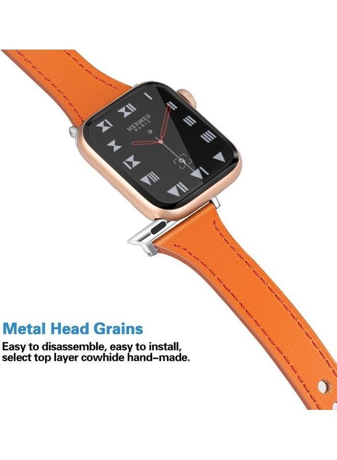 NIBEMINENT Leather Replacement Strap Watchband with Steel Button For Apple Watch Series 7/6/SE/5/4/3/2/1 38/40/41mm Orange - Image 4