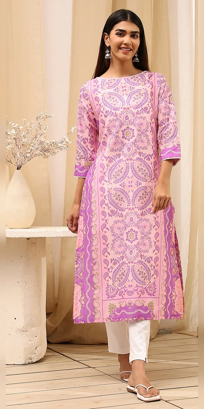 Biba  Women Purple Cotton Printed Straight Kurta  | Best Price UAE