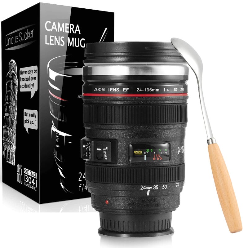 Splend Camera Lens Coffee Mug, Lens Cups Non-BPA Stainless Steel Tumbler Leakproof Travel Mug Tea Water Bottle with Lid and Spoon - EF24-105mm f/4.0 USM Lens Mug - Image 1