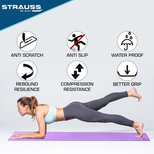 Strauss TPE Yoga Mat | Exercise Mat For Home Workout, Gym and Yoga Sessions | Anti Slip Gym Mat | Workout Mat For Men, Women and Kids | Yoga Mat With Carry Strap | Thickness: 4MM,(Purple) - Image 2