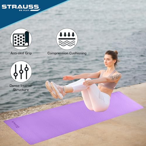 Strauss TPE Yoga Mat | Exercise Mat For Home Workout, Gym and Yoga Sessions | Anti Slip Gym Mat | Workout Mat For Men, Women and Kids | Yoga Mat With Carry Strap | Thickness: 4MM,(Purple) - Image 3