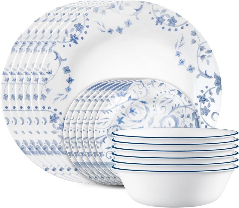 كوريل 1 Corelle Vitrelle طقم أواني طعام 18 قطعة لـ6 أشخاص، زجاج ثلاثي الطبقات ومقاوم للتشقق، أطباق وأوعية دائرية خفيفة الوزن، Darlington - Image 1