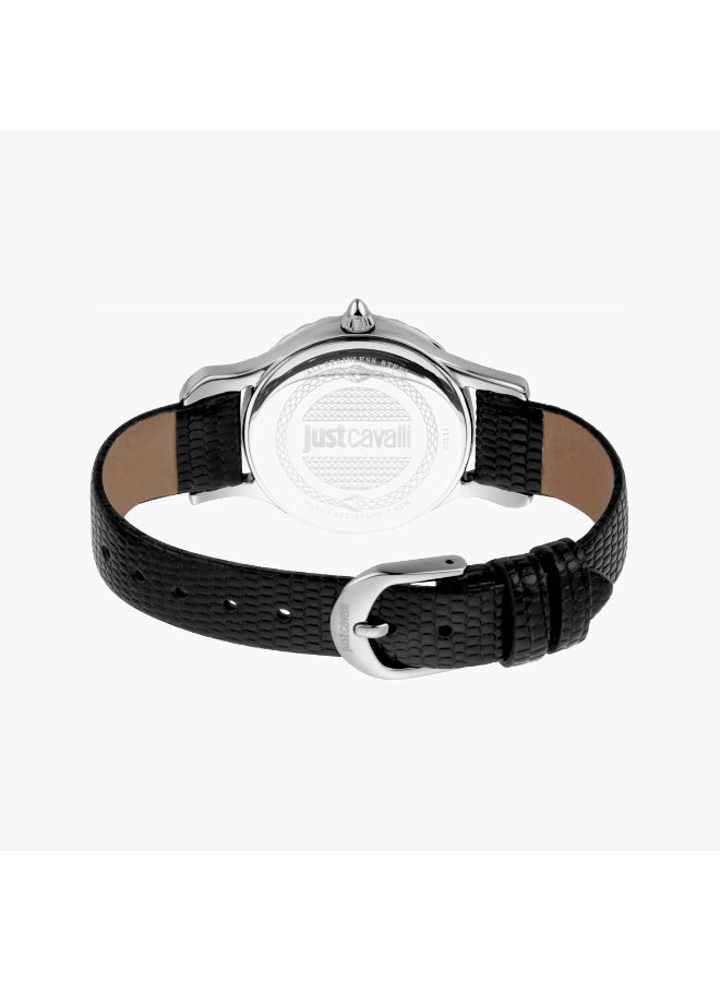 جاست كافالي ساعة Just Cavalli للسيدات بهيكل من الفولاذ المقاوم للصدأ باللون الفضي، مع سوار من الجلد الأسود بتصميم أنيق وعملي. - Image 3