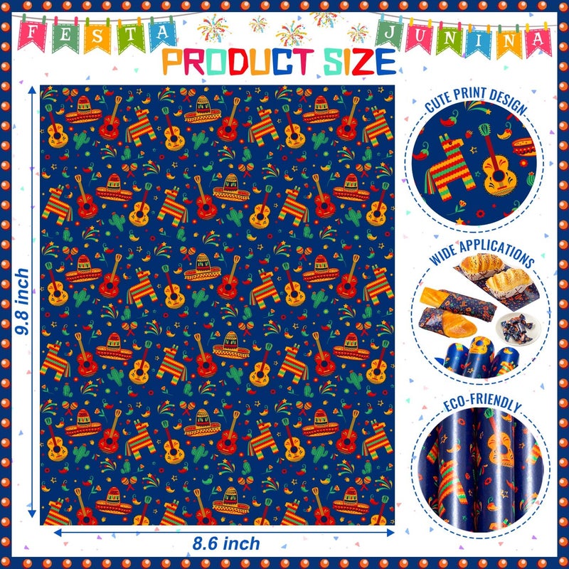 KVCSYAW 100 Pcs Fiesta Wax Paper for Food, Cinco De Mayo Wax Paper Sheets Deli Paper Sandwich Wrap Candy Wraps, Waterproof Oil-proof Picnic Basket Liners with Guitar Pattern for Kitchen Handmade Food(Blue) - Image 2