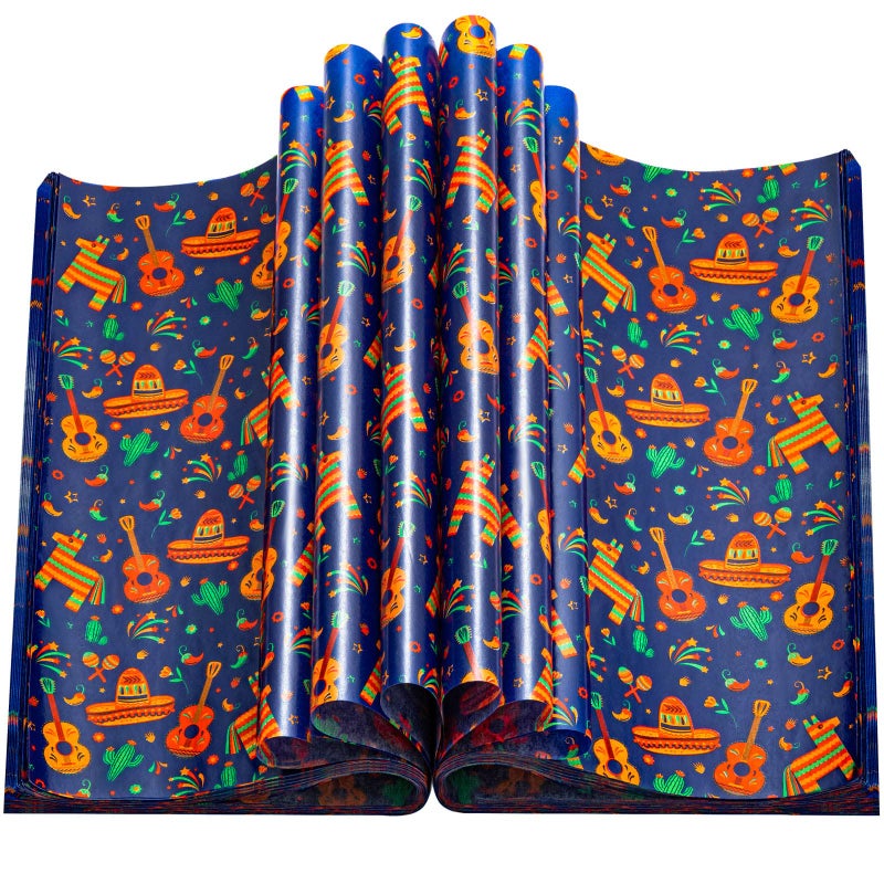 KVCSYAW 100 Pcs Fiesta Wax Paper for Food, Cinco De Mayo Wax Paper Sheets Deli Paper Sandwich Wrap Candy Wraps, Waterproof Oil-proof Picnic Basket Liners with Guitar Pattern for Kitchen Handmade Food(Blue) - Image 1