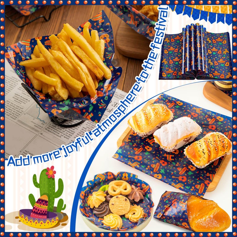 KVCSYAW 100 Pcs Fiesta Wax Paper for Food, Cinco De Mayo Wax Paper Sheets Deli Paper Sandwich Wrap Candy Wraps, Waterproof Oil-proof Picnic Basket Liners with Guitar Pattern for Kitchen Handmade Food(Blue) - Image 5