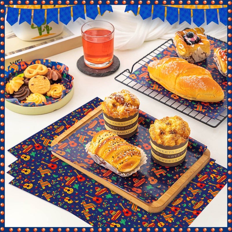 KVCSYAW 100 Pcs Fiesta Wax Paper for Food, Cinco De Mayo Wax Paper Sheets Deli Paper Sandwich Wrap Candy Wraps, Waterproof Oil-proof Picnic Basket Liners with Guitar Pattern for Kitchen Handmade Food(Blue) - Image 4