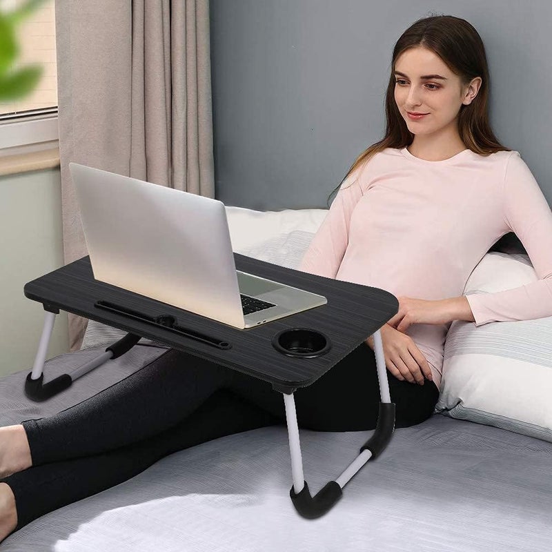 Rylan Study Table Foldable Wooden Laptop Bed Tray Table, Multifunction Lap Tablet Desk with Cup Holder, Perfect for Eating Breakfast, Reading Book, Working, Watching Movie On Bed__ - Image 3