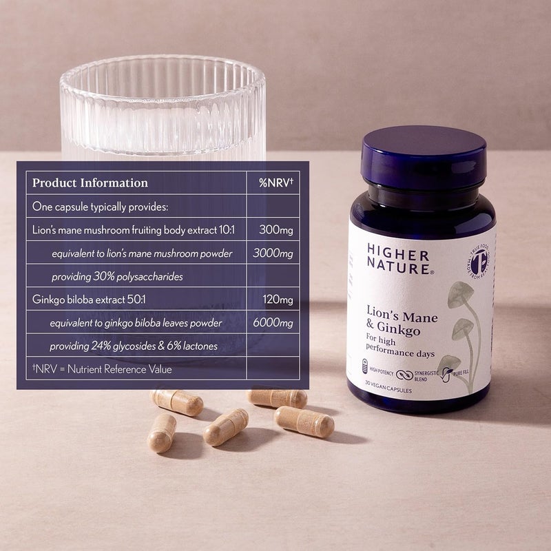 Higher Nature - Lion's Mane & Ginkgo - for High Performance Days - High Strength Ginkgo Biloba 6000mg & Lion's Mane Mushroom 3000mg - Vegan Formula - 30 Capsules - Image 4