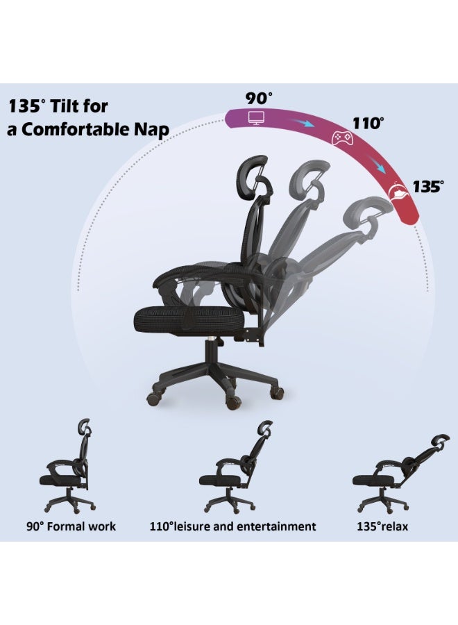 كاستليري كرسي مكتب إرجونوميك - كرسي مكتبي شبك مريح مع دعم ظهر ومسند رأس قابل للضبط لسد احتياجات العمل والألعاب والمذاكرة - أسود - Image 5