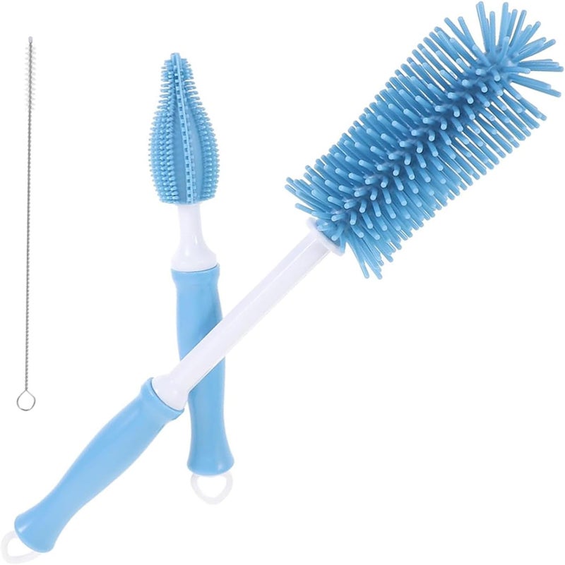 ToolHouse 3-In-1 Straight Handle Silicone Bottle Brush, Portable Water Bottle Cleaner, Hangable Bottle Cleaning Brush Kit with Bottle Brush, Straw Brush, Nipple Brush (Blue) - Image 1