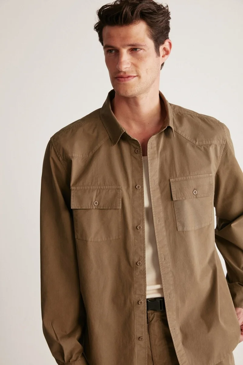 جريميلانج Kelvin Men's Woven Thick Textured Technical Look Flap Pocket Khaki Shirt