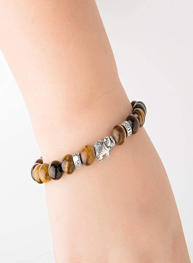 EDMIRIA Natural Semi Precious Stones Lucky Fortune Elephant Charm Positive Energy 7 Chakra 8mm Gemstones Beads Elastic Stretchable Bracelet for Men & Women (Tiger Eye) - Image 3