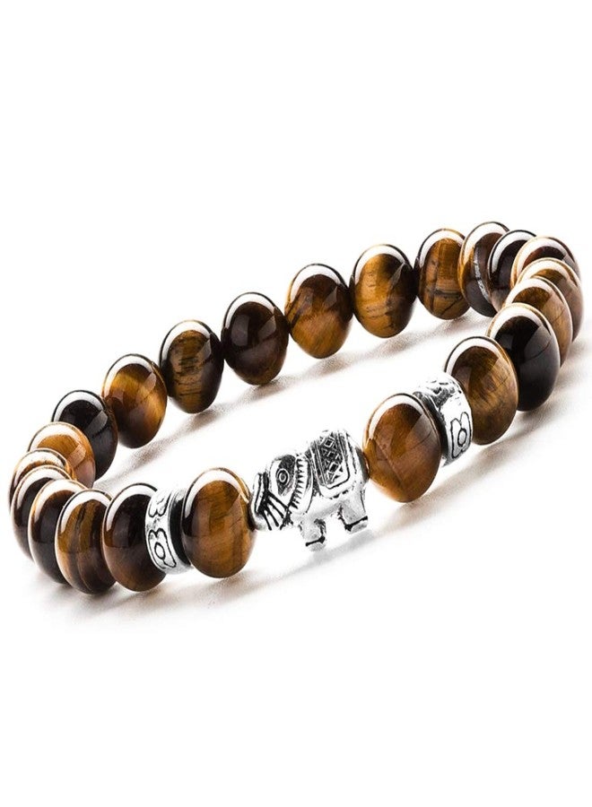 EDMIRIA Natural Semi Precious Stones Lucky Fortune Elephant Charm Positive Energy 7 Chakra 8mm Gemstones Beads Elastic Stretchable Bracelet for Men & Women (Tiger Eye) - Image 2