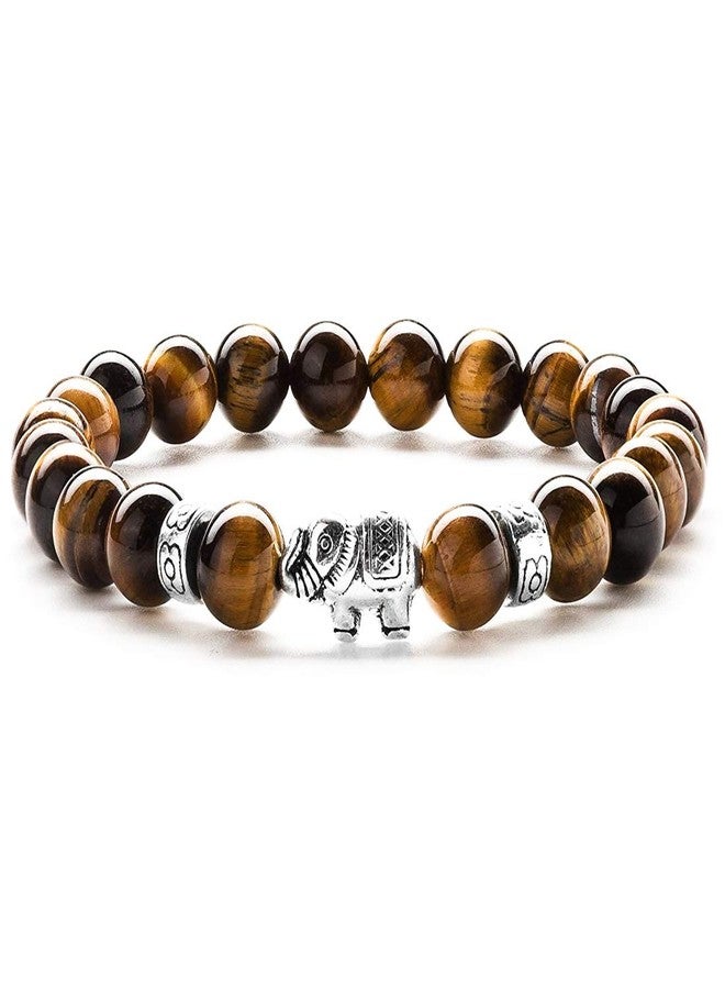 EDMIRIA Natural Semi Precious Stones Lucky Fortune Elephant Charm Positive Energy 7 Chakra 8mm Gemstones Beads Elastic Stretchable Bracelet for Men & Women (Tiger Eye) - Image 1