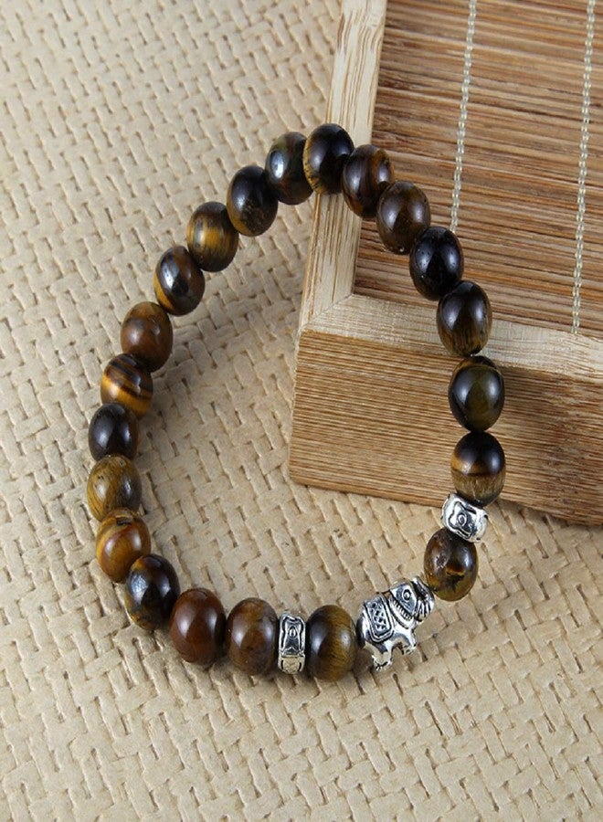 EDMIRIA Natural Semi Precious Stones Lucky Fortune Elephant Charm Positive Energy 7 Chakra 8mm Gemstones Beads Elastic Stretchable Bracelet for Men & Women (Tiger Eye) - Image 4